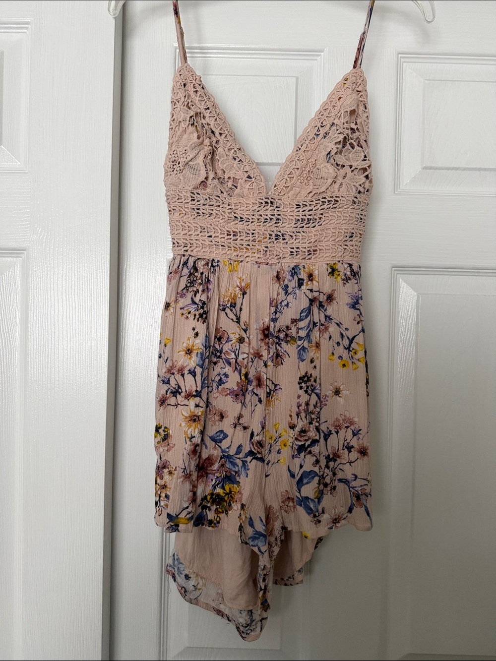 Floral Crochet Bodice Pink Spaghetti Strap romper